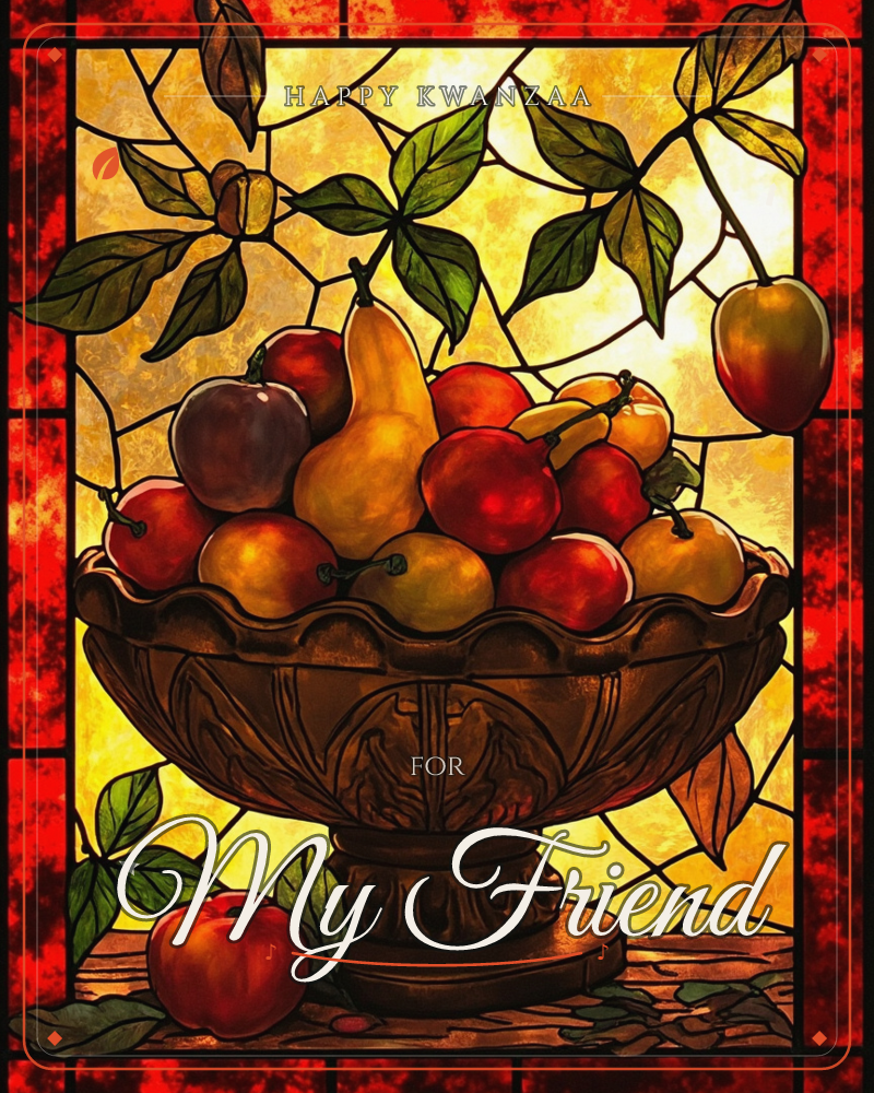 A stained-glass style window glows behind a carved wooden pedestal bowl heaped with apples, a pear, plums, and bananas, framed by leafy branches and a…, a kwanzaa e-card design