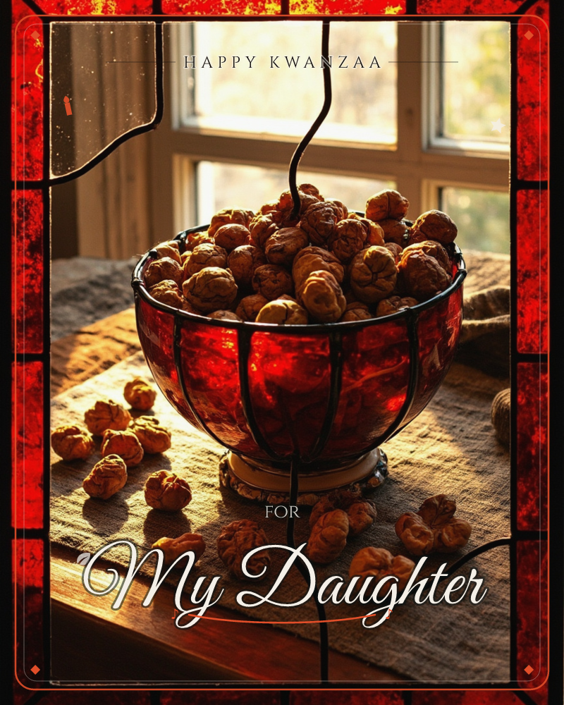 A stained-glass style bowl of deep red glass sits piled high with dried dates or nuts, catching low window light on a burlap-covered table, a kwanzaa e-card design