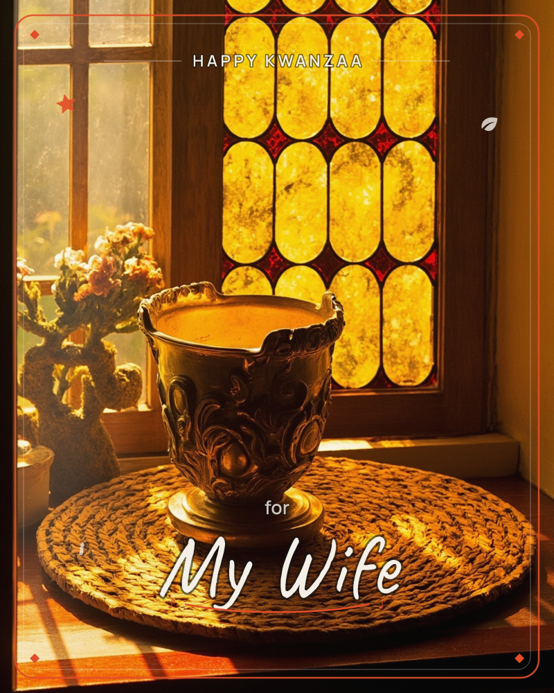 An ornate brass goblet catches warm light on a woven straw mat, set before a stained-glass window glowing amber and rimmed in red, a kwanzaa e-card design
