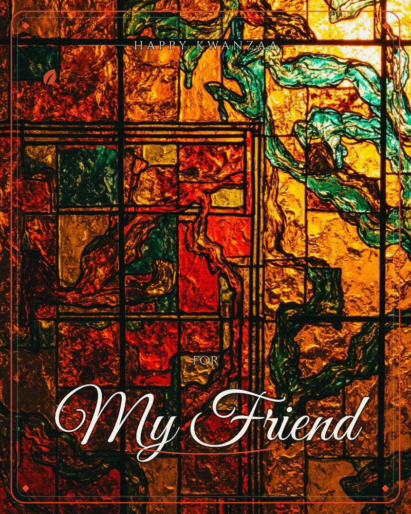 A close-up of a stained-glass window, its leaded grid holding panes of amber, ruby and deep green that glow as if lit from behind, a kwanzaa e-card design