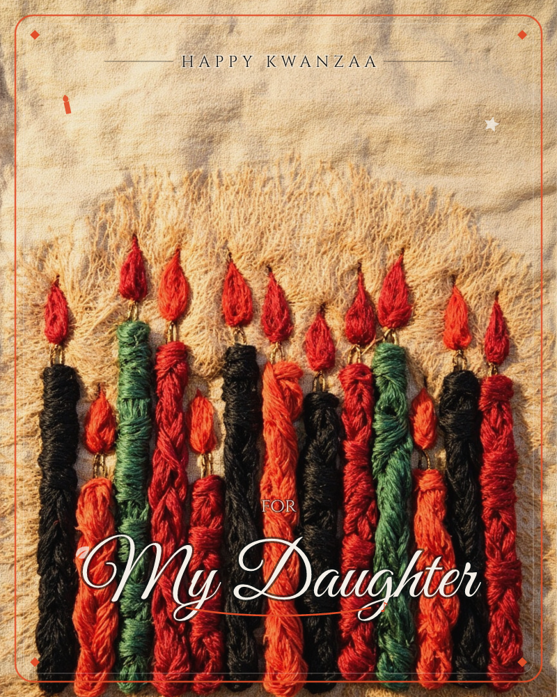 A row of birthday candles rendered entirely in twisted, frayed yarn, black, green and red strands wound into candle shapes with orange and red flame…, a kwanzaa e-card design