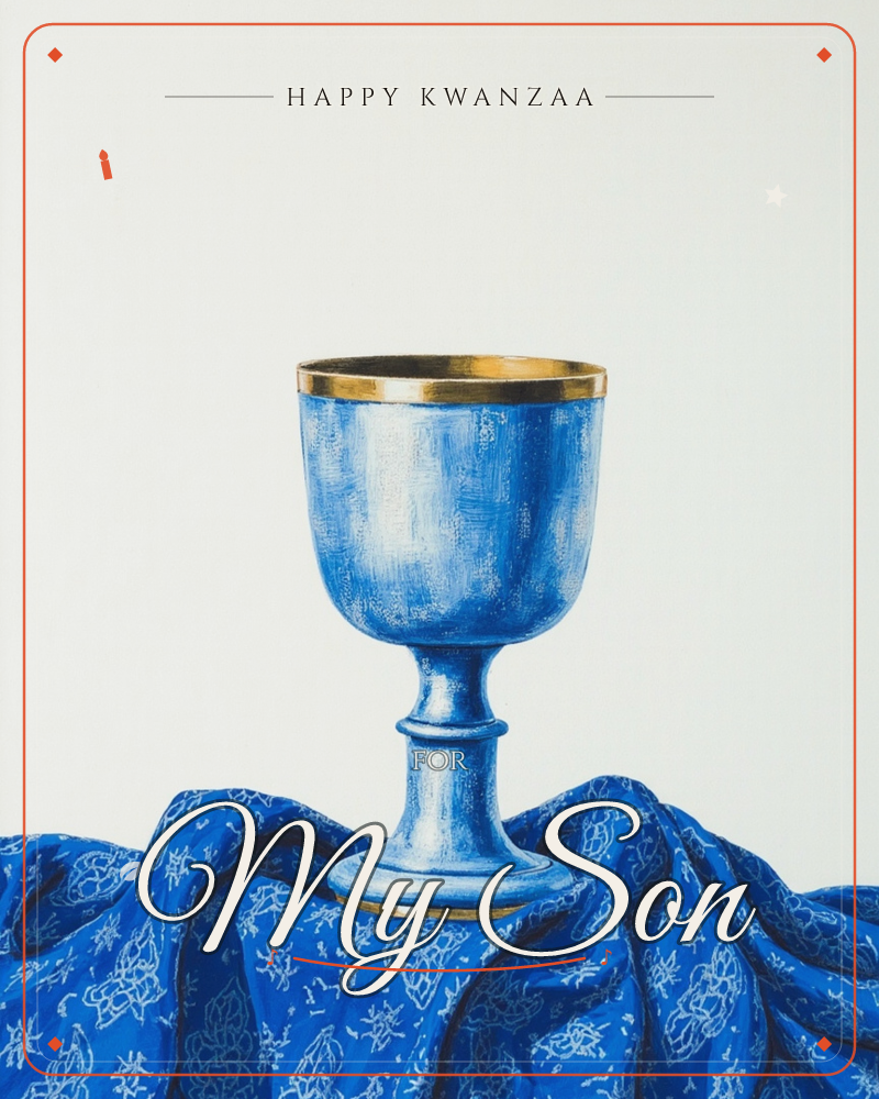 A single blue goblet with a gilded rim stands on a pool of dark, patterned blue fabric, set against a softly vignetted grey-white backdrop, a kwanzaa e-card design