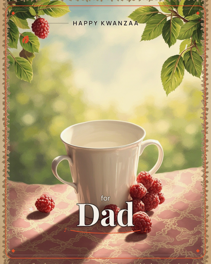 A white double-handled cup sits on a pink lace-patterned cloth, scattered with fresh raspberries, while raspberry branches with green leaves and…, a kwanzaa e-card design