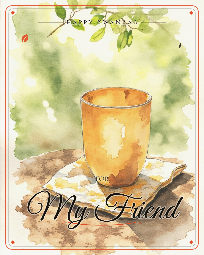 A single amber-glazed cup sits on a folded paper napkin atop a sun-dappled wooden table, with a leafy branch dipping into frame above a softly blurred…, a kwanzaa e-card design