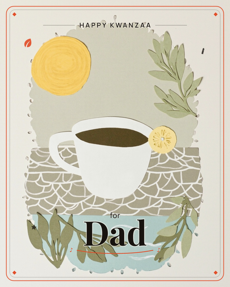 A layered paper-cut illustration shows a white teacup filled with dark tea, set against a scalloped grey backdrop with a golden sun and a slice of…, a kwanzaa e-card design