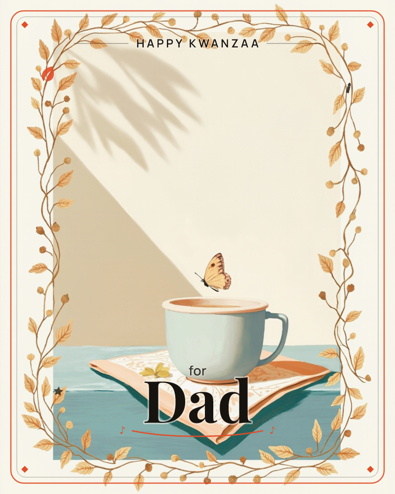 A pale blue teacup rests on a folded patterned napkin atop a teal table, warm sunlight casting a plant-leaf shadow on the wall behind it, a kwanzaa e-card design