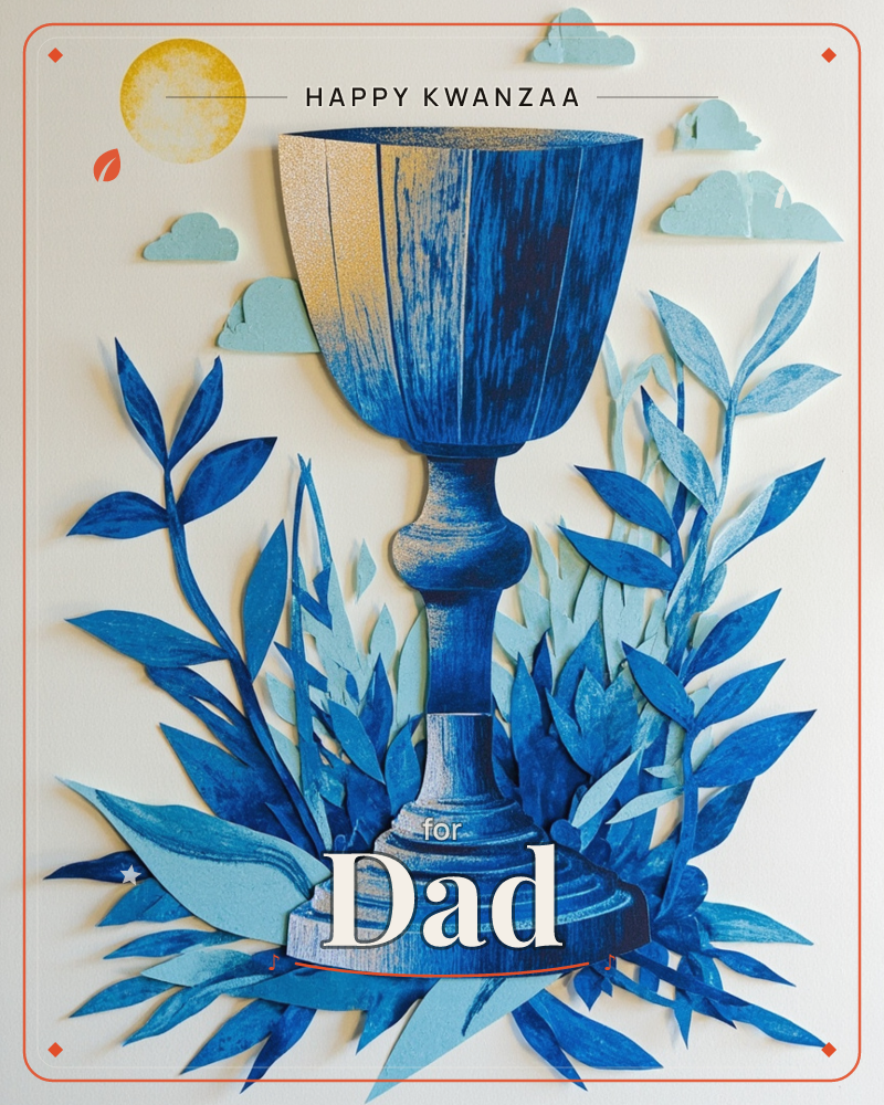 A large ceremonial goblet stands centre stage, rendered in deep indigo with a streak of gold catching its bowl, surrounded by layered paper-cut leaves…, a kwanzaa e-card design