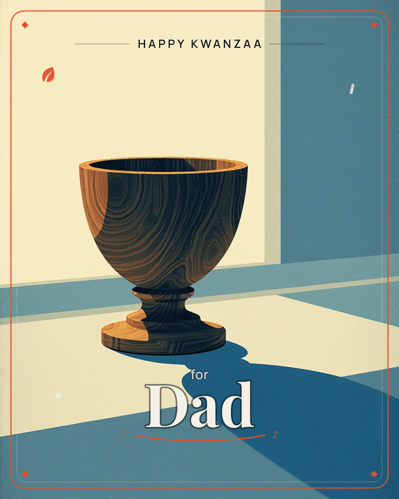A turned wooden goblet sits alone on a pale floor, its dark grain catching warm light on one side while a long blue shadow stretches across the room…, a kwanzaa e-card design