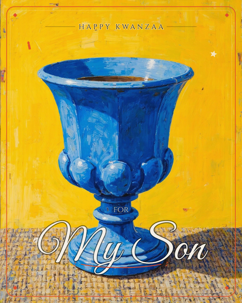 A bold cobalt-blue urn with a scalloped, ball-fringed rim sits on a plain woven surface against a flat, glowing yellow backdrop, a kwanzaa e-card design