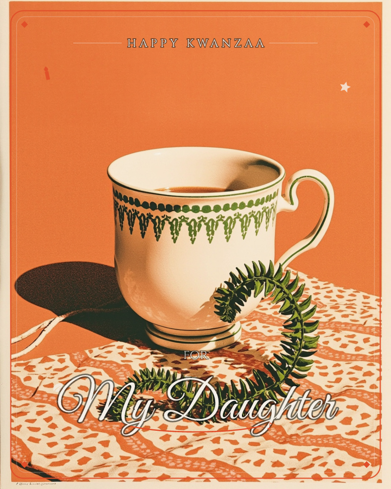 A cream teacup with a green scalloped border sits on a patterned cloth against a bold burnt-orange backdrop, filled with dark tea catching the light, a kwanzaa e-card design