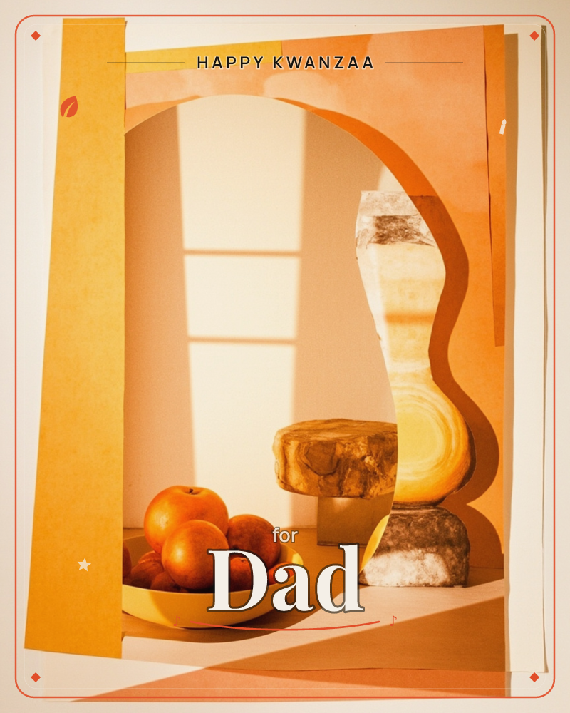 A paper-collage still life glows in warm amber tones: an arched cut-paper doorway frames a bowl of apples and oranges beside a wavy glass vase and a…, a kwanzaa e-card design