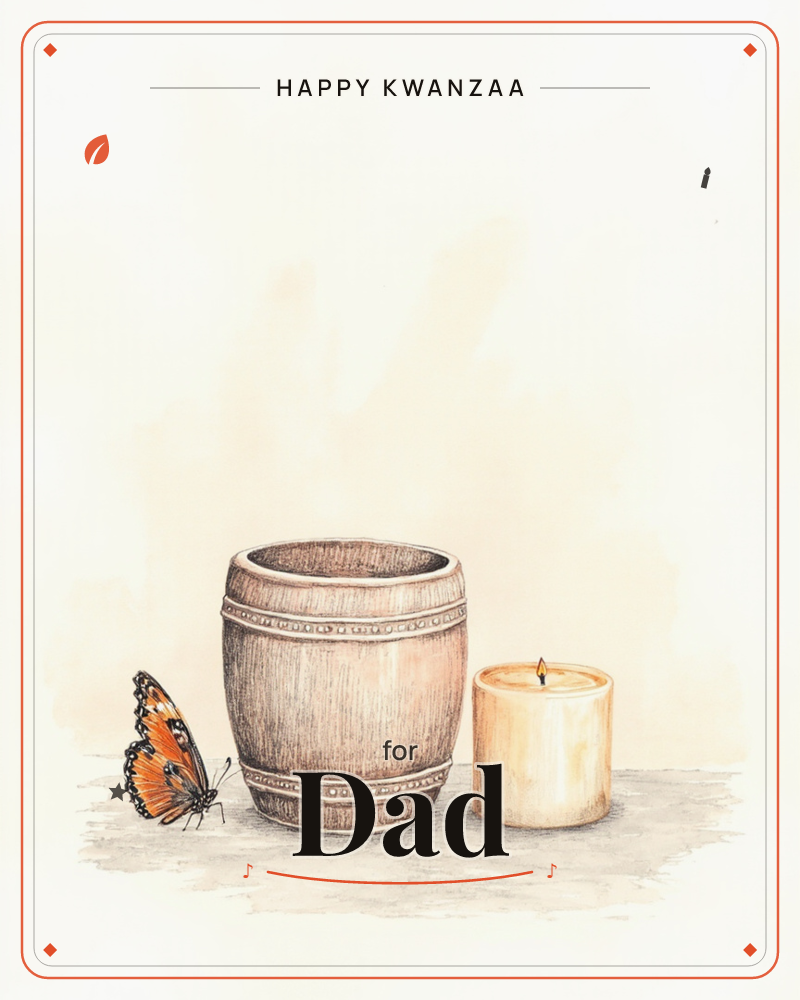 A small wooden barrel-shaped pot sits on a plain tabletop beside a lit cream candle, its flame glowing softly, while an orange and black butterfly…, a kwanzaa e-card design