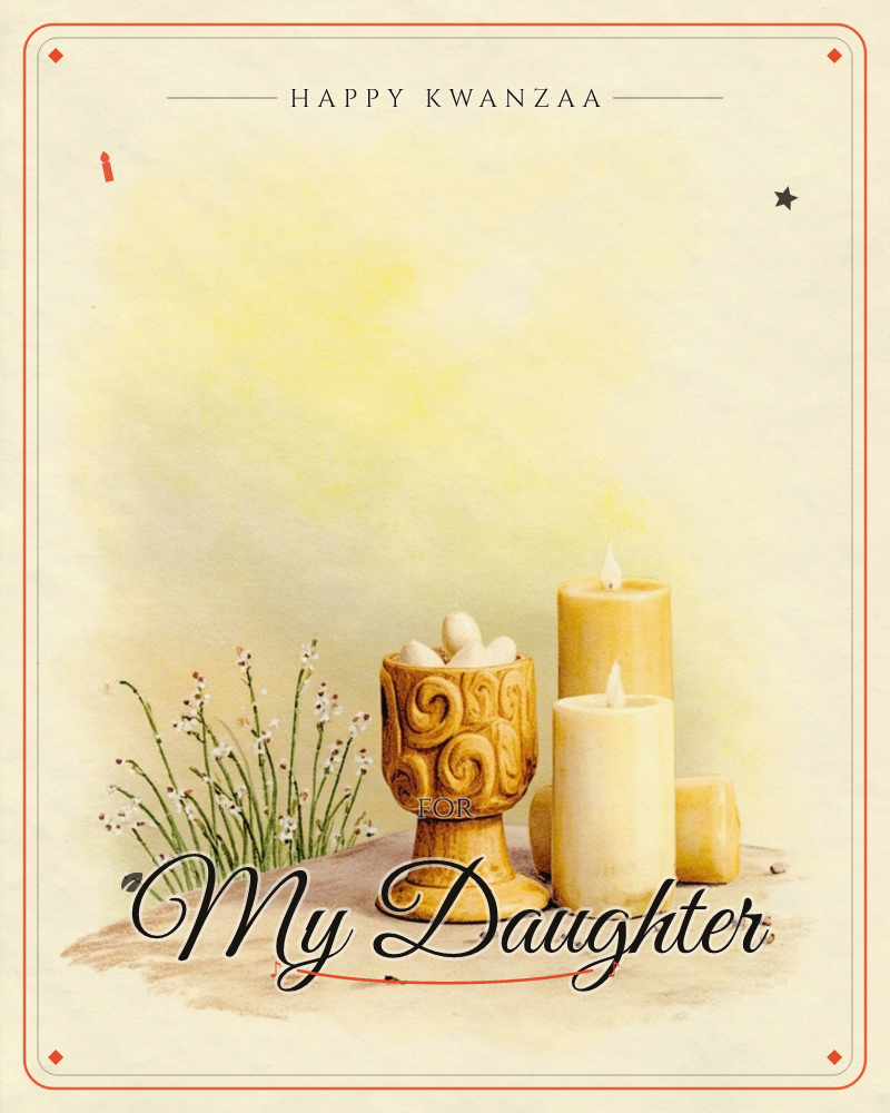 A soft watercolour still life shows a carved wooden goblet filled with small eggs beside a cluster of lit candles, set on a sandy ledge with sprigs of…, a kwanzaa e-card design