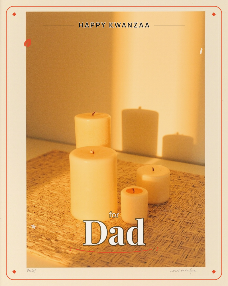 A cluster of four unlit-wick pale candles of varying heights sits on a woven straw mat, glowing amber under warm side-lighting that throws soft rounded…, a kwanzaa e-card design