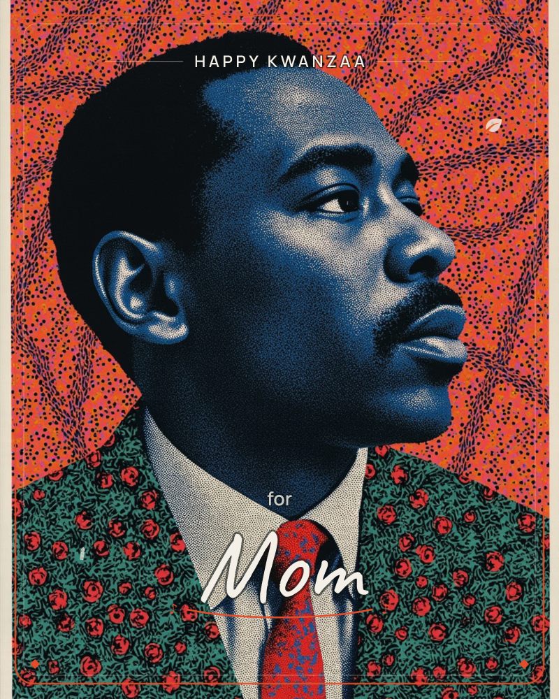A man in profile gazes upward and to the side, his face rendered in deep stippled blue against a burnt-orange background patterned with dark vine-like…, a kwanzaa e-card design