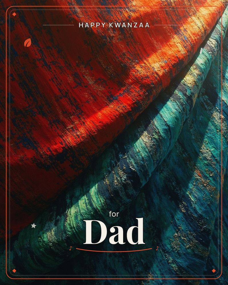 A close-up of richly draped fabric split diagonally between fiery red-orange and deep teal-green, both textured with streaks of gold and shadow like…, a kwanzaa e-card design