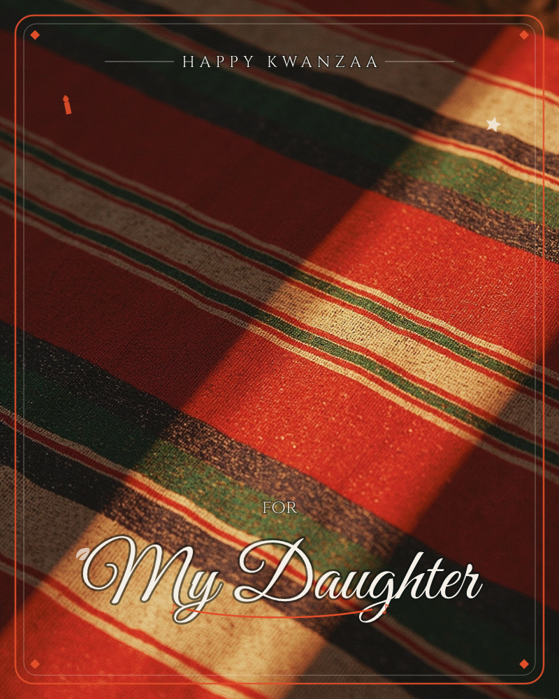 A close-up of woven tartan fabric, its red, green and gold stripes catching a warm shaft of light that falls diagonally across the folds, a kwanzaa e-card design