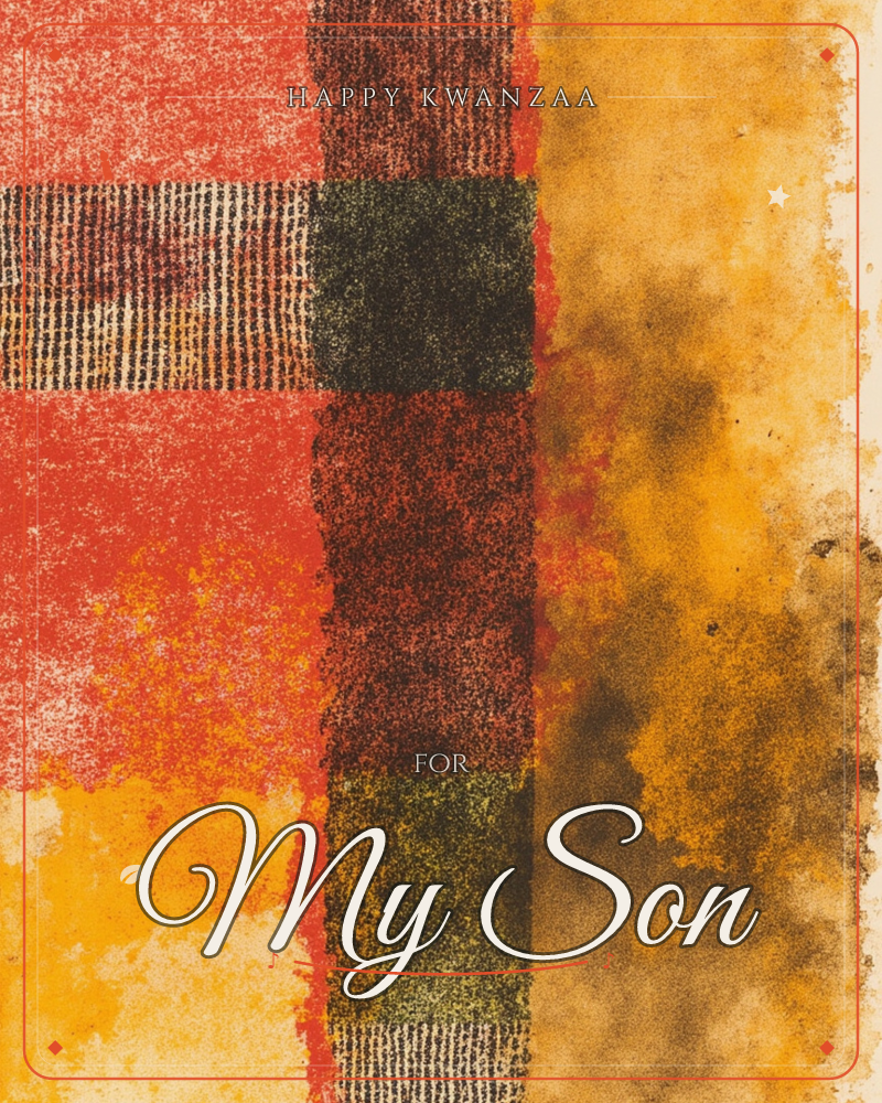 An abstract grid of textured colour blocks fills the card, part woven plaid and part smoky bloom, where crimson and rust squares meet a hazy amber…, a kwanzaa e-card design