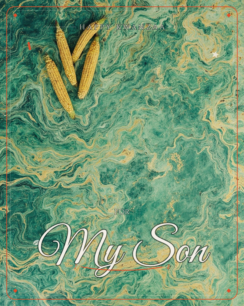 Three shucked corn cobs lie in a loose cluster in the upper left, resting on a swirling marbled surface of teal and gold that ripples outward like…, a kwanzaa e-card design