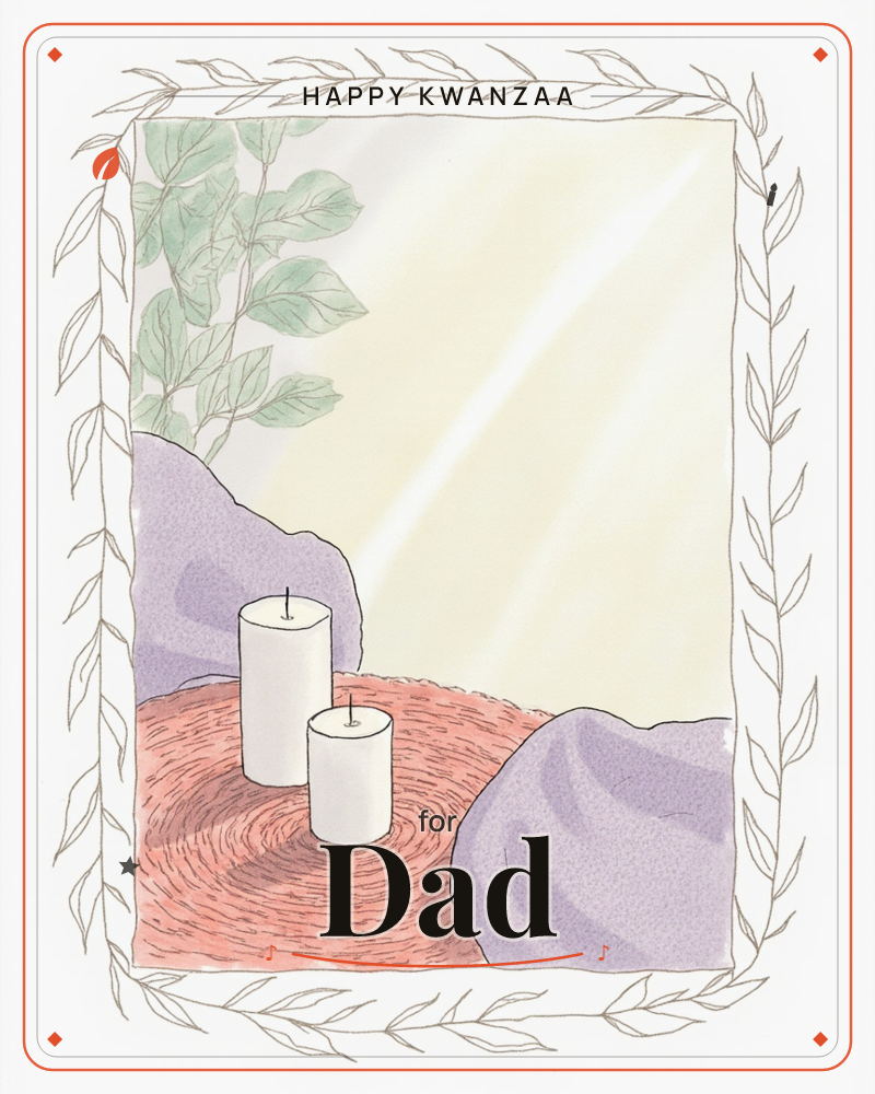 A calm still-life of two cream candles standing on a coiled terracotta mat, flanked by soft lavender stones and a spray of pale green leaves against a…, a kwanzaa e-card design