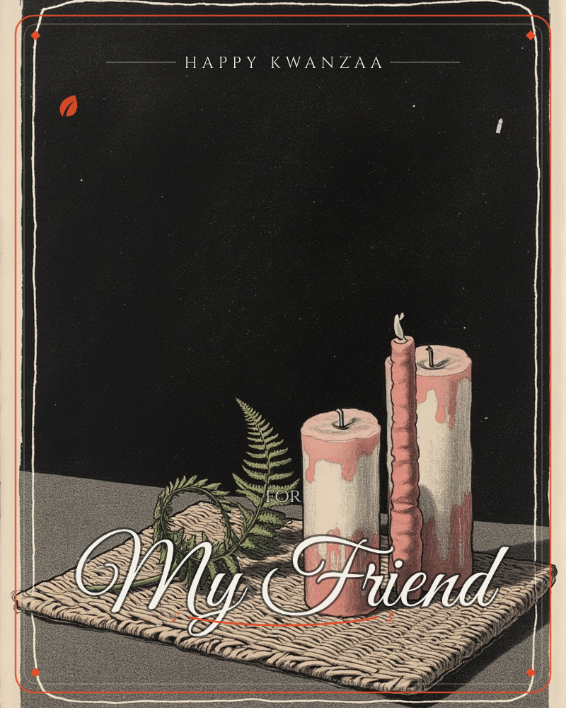 Three unlit pillar candles in cream and dusty pink stand on a woven straw mat against a deep black background, their wax dripped and textured like they…, a kwanzaa e-card design