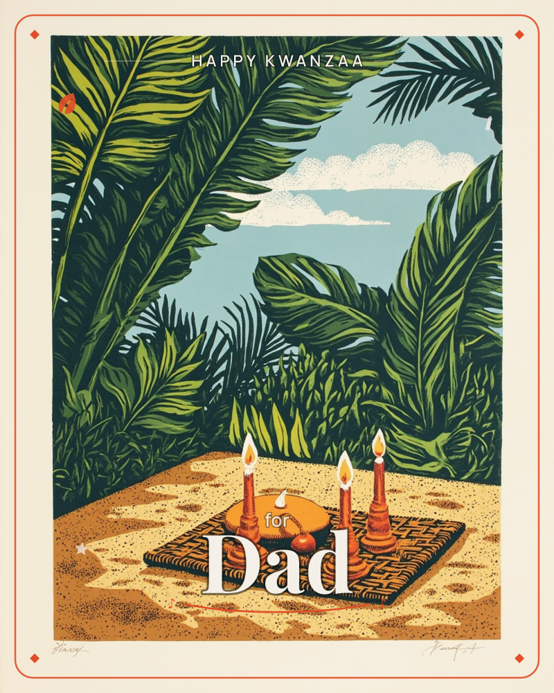 A cluster of lit candles in terracotta holders sits on a woven mat spread over sandy ground, framed by tall banana leaves and palm fronds, a kwanzaa e-card design