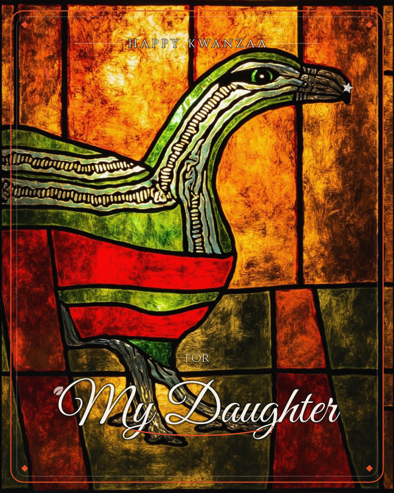 A stylised bird stands in profile against a glowing amber background, rendered like a stained-glass window with thick black leading and richly textured…, a kwanzaa e-card design