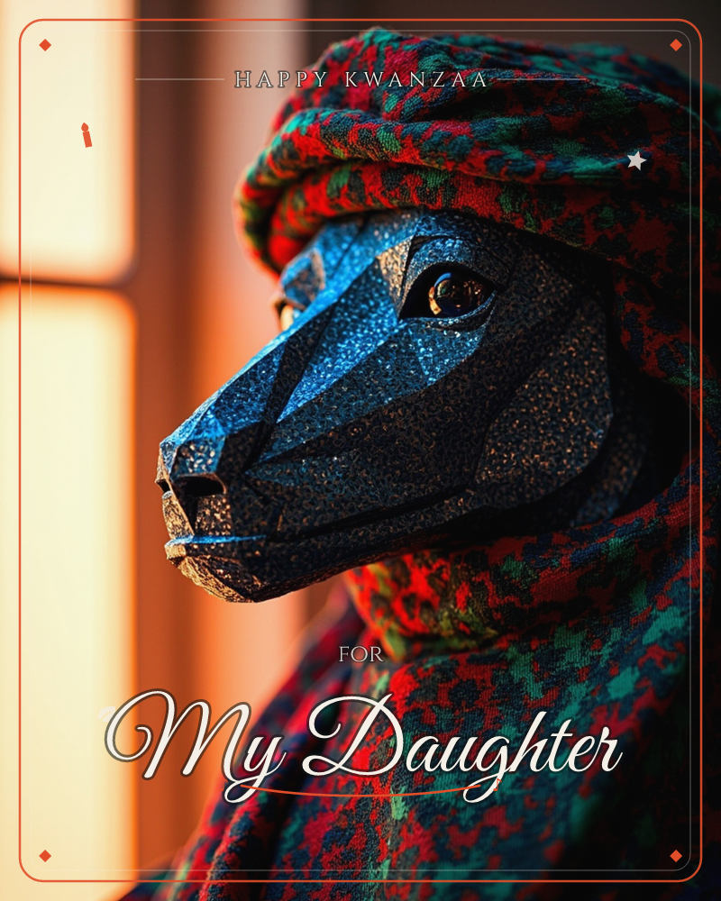 A faceted metallic animal head, sculpted in sharp angular planes of blue and bronze, wears a knitted patterned hood in deep red and green, a kwanzaa e-card design
