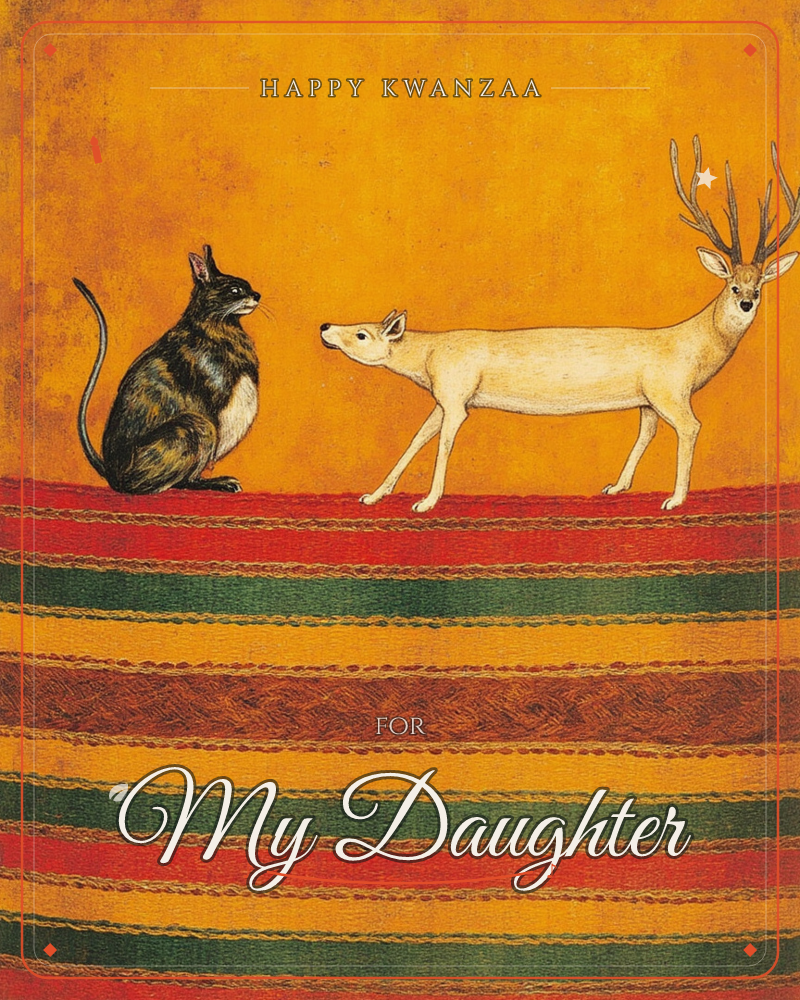 A tortoiseshell cat sits nose to nose with a pale antlered stag, both perched on a woven striped blanket of red, green, gold and rust bands, all set…, a kwanzaa e-card design