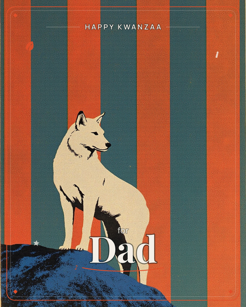 A pale, almost white wolf stands alert on a dark rocky outcrop, its profile turned toward something unseen, a kwanzaa e-card design