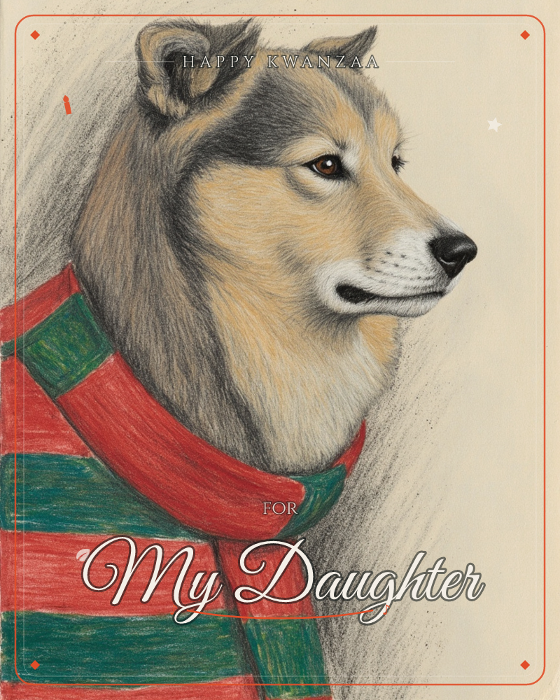 A pencil-drawn dog with a fox-like face and tan and grey fur gazes off to the side, wrapped snugly in a red and green striped scarf, a kwanzaa e-card design