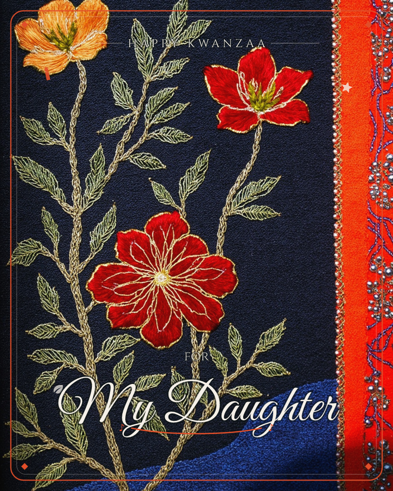 An embroidered-style illustration on deep navy fabric shows gold-stitched vines with feathery leaves, holding two red blossoms and one soft peach…, a kwanzaa e-card design