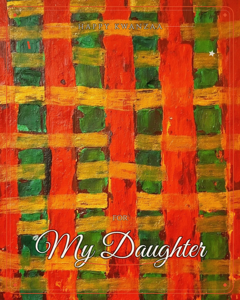A bold woven grid of thick brushstrokes covers the whole card, with vertical bands of red-orange crossed by horizontal stripes of mustard yellow…, a kwanzaa e-card design