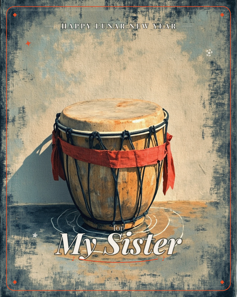 A hand drum with a taut hide skin and dark rope lacing stands alone against a weathered, sun-bleached wall, a strip of red cloth tied around its middle, a lunar new year e-card design