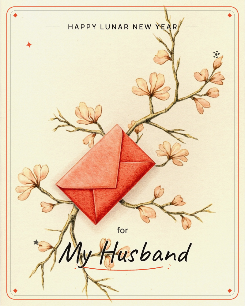 A red envelope rests among slender blossoming branches, its folded flap catching soft, even light, a lunar new year e-card design