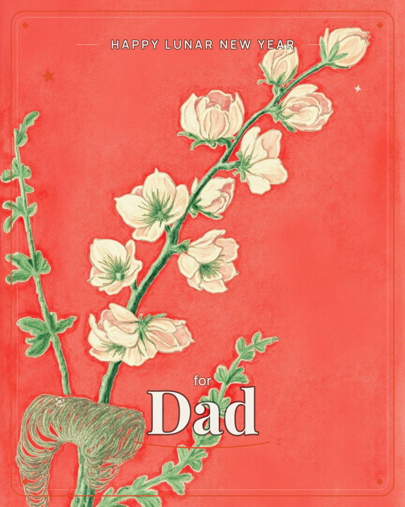 A flowering branch of pale pink and cream blossoms rises diagonally across a bold coral-red background, its stem rooted in a loosely coiled, rope-like…, a lunar new year e-card design