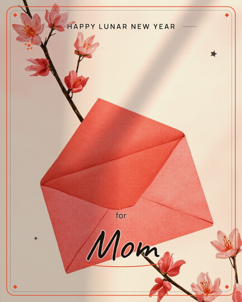 A coral-red envelope rests against a soft blush background, crossed by a flowering branch of pink cherry blossoms, a lunar new year e-card design