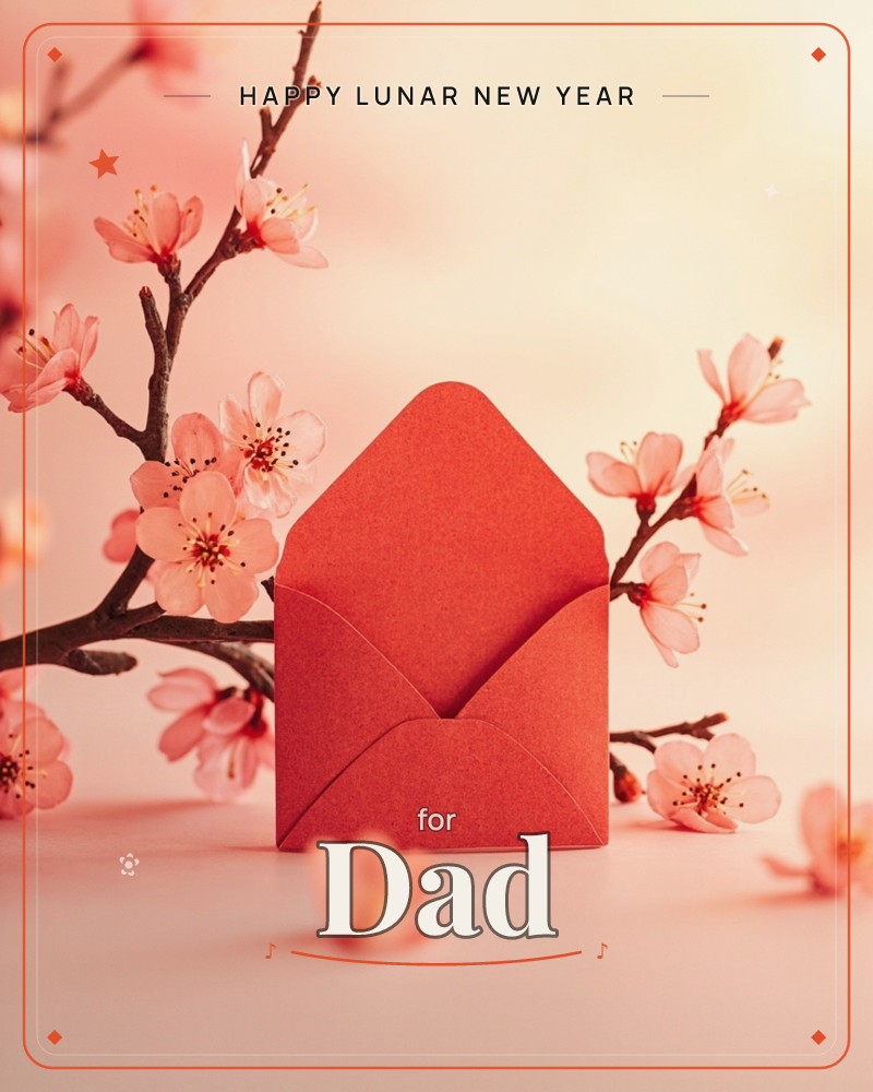 A red paper envelope stands open against a soft peach backdrop, cradled by branches of cherry blossom in full bloom, a lunar new year e-card design