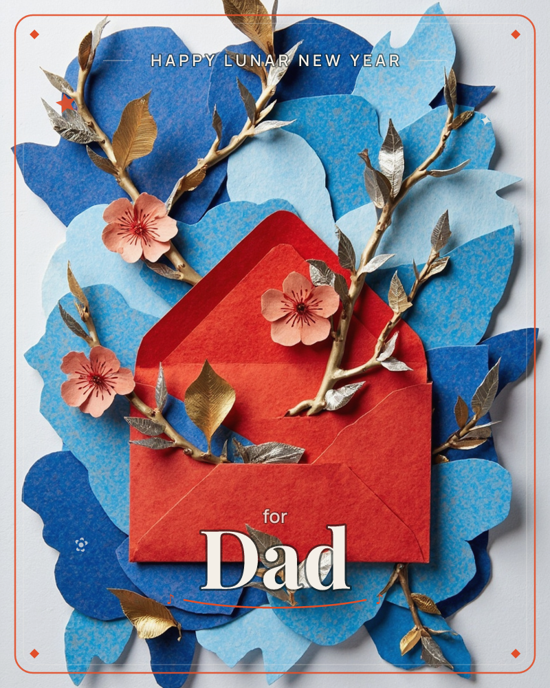 A vivid red paper envelope sits open against a layered backdrop of blue paper cloud shapes, with gilded and silver leafed branches and pale pink…, a lunar new year e-card design