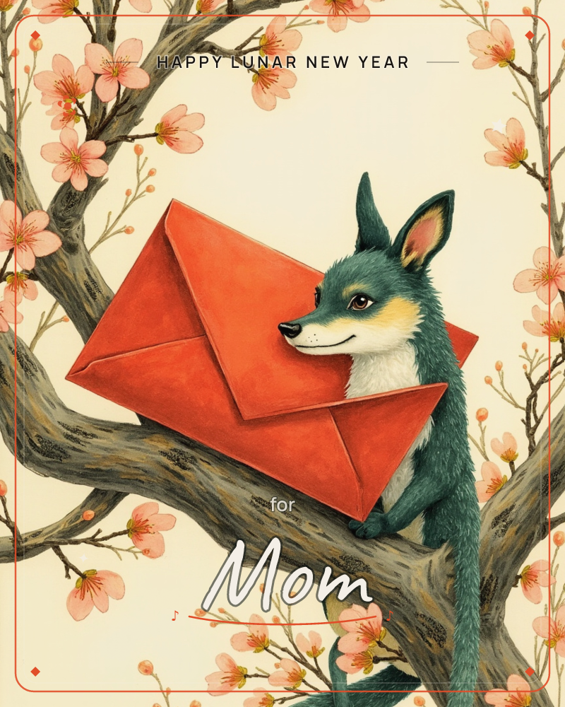A teal-furred fox perches on a blossoming branch, clutching a large red envelope in its paws like a prized delivery, a lunar new year e-card design
