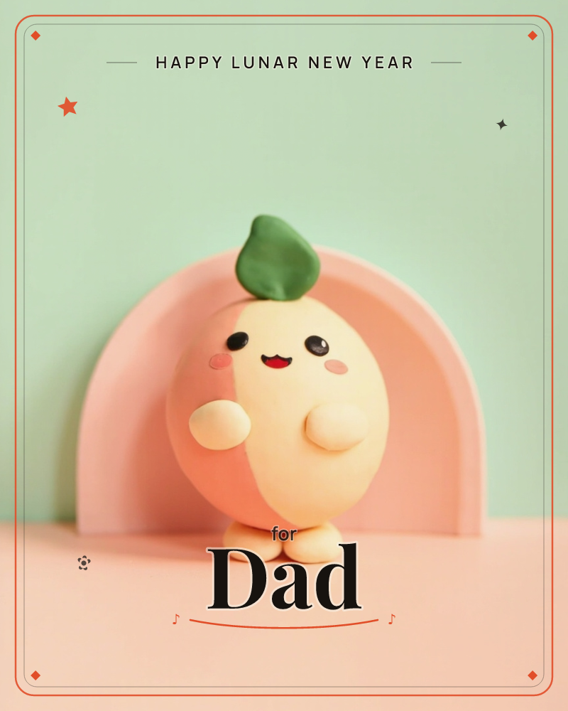 A cheerful clay figure shaped like a peach stands against a soft peach archway, set on a pastel mint background, a lunar new year e-card design