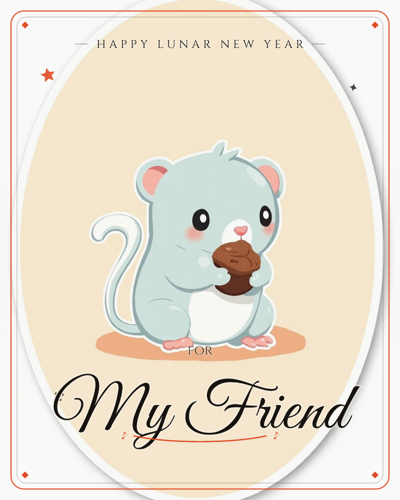 A round-eared blue-grey mouse with rosy cheeks sits on its haunches, curled tail looped beside it, clutching a little brown muffin in both paws, a lunar new year e-card design