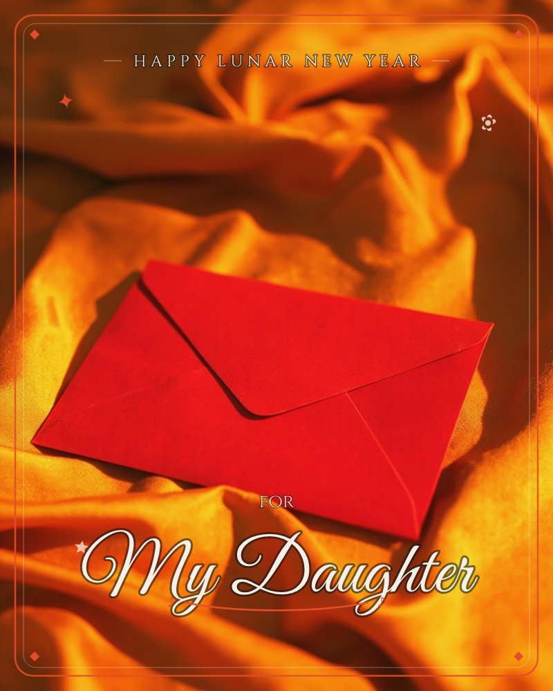 A red envelope rests atop rippling folds of golden-orange satin, warm light catching the sheen of the fabric and the crisp edges of the paper, a lunar new year e-card design