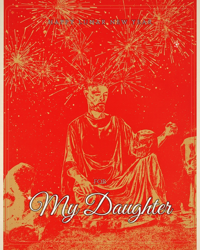 A robed classical statue sits centre stage against a bold red sky, gold fireworks bursting above its head like a crown of sparks, a lunar new year e-card design