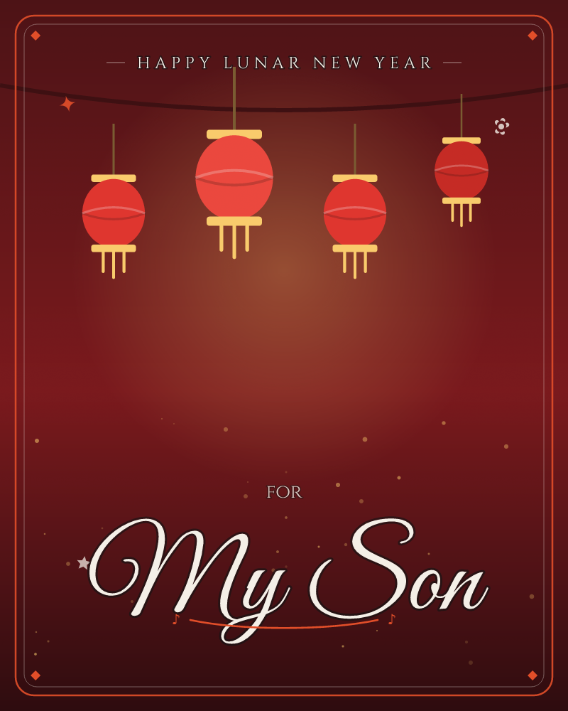 Red and gold paper lanterns strung in a row against a deep crimson night, tassels hanging beneath each one, a lunar new year e-card design