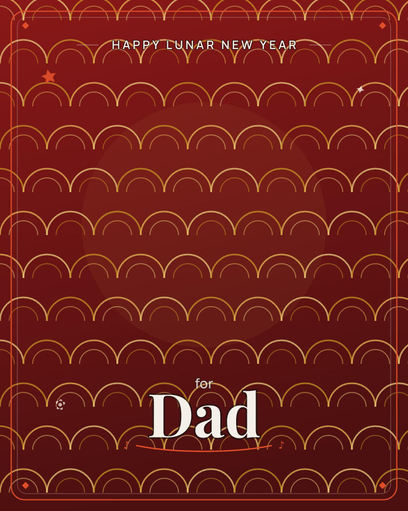 A deep red background is covered edge to edge with rows of thin gold scalloped arcs, like fish-scale or fanned peacock feathers repeating in neat bands, a lunar new year e-card design by @DittyCityTeam