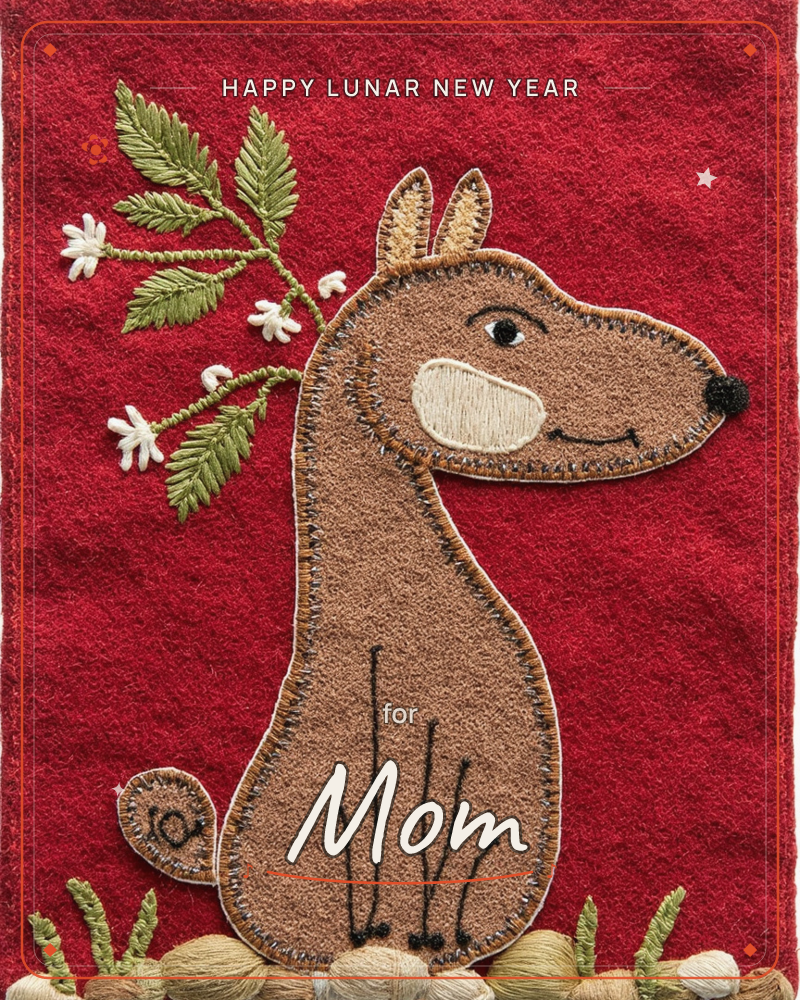 A felt-appliqué dog sits upright against a deep red felt background, its tan body outlined in hand-stitched thread and its ears perked up, a lunar new year e-card design