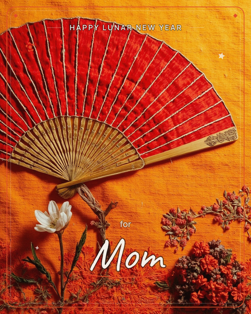 A red silk folding fan with bamboo ribs lies open against a rich orange fabric backdrop, its pleats fanning out like flames, a lunar new year e-card design