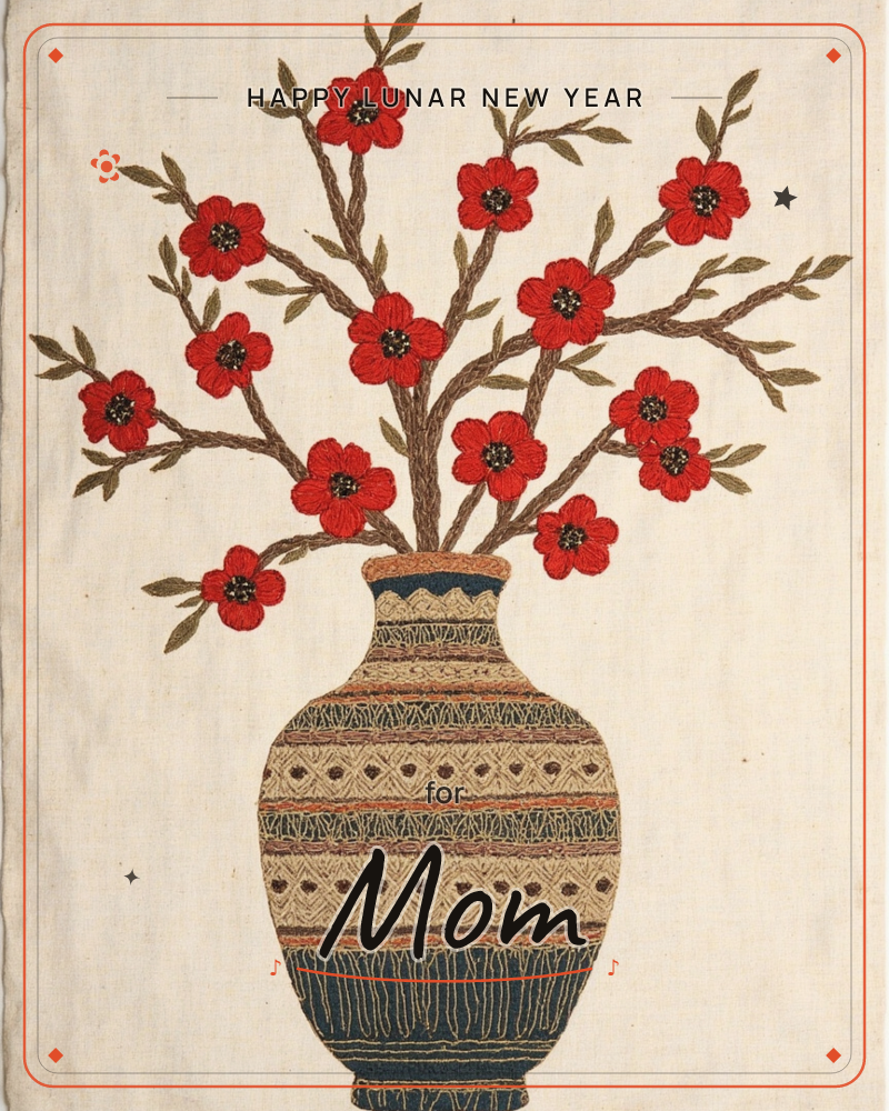 An embroidered vase in patterned bands of navy, rust and gold holds a spray of branches dotted with red blossoms, all stitched onto a plain linen ground, a lunar new year e-card design
