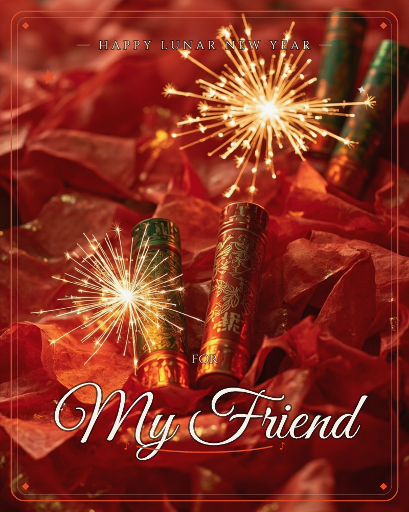 Ornate red and gold firecrackers lie nestled in crumpled red tissue paper, two of them sparking bright golden bursts of light like tiny fireworks, a lunar new year e-card design
